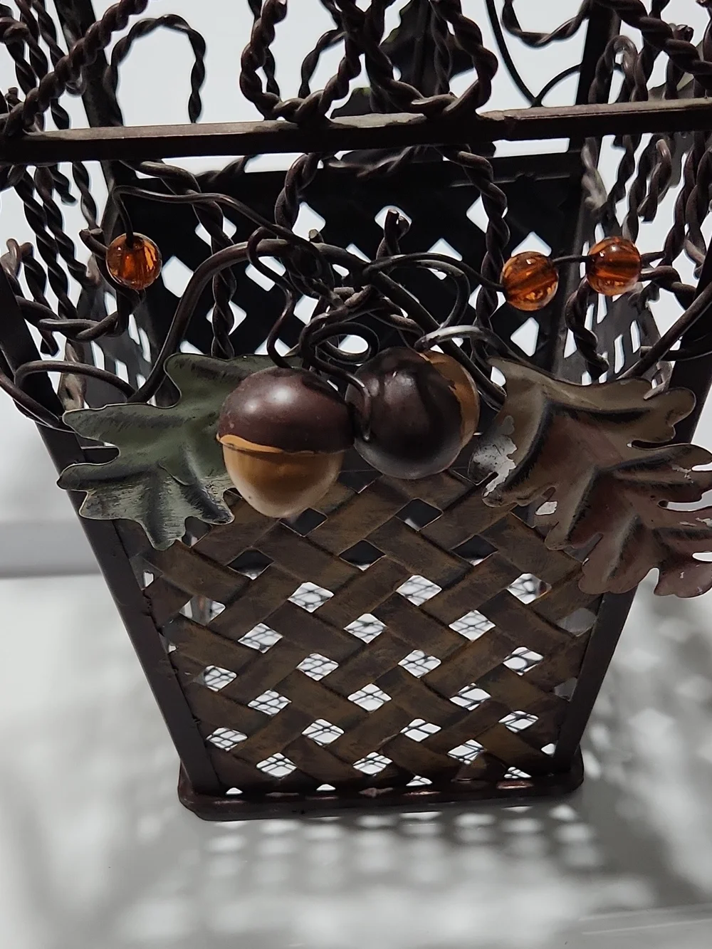 Decorative Metal Leaf & Acorn Accent Vase - Brown